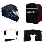 کلاه کاسکت بلوتوث دار ردلاین مدل ۹۳۷ رنگ مشکی آبی به همراه هندزفری بلوتوثی و کیف حمل و پد گردن مجموعه ۴ عددی