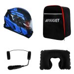 کلاه کاسکت ردلاین مدل ۹۳۵ رنگ آبی مشکی به همراه هندزفری بلوتوثی و کیف حمل و پد گردن مجموعه ۴ عددی