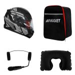 کلاه کاسکت ردلاین مدل ۹۳۵ رنگ طوسی مشکی به همراه هندزفری بلوتوثی و کیف حمل و پد گردن مجموعه ۴ عددی