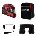 کلاه کاسکت ردلاین مدل ۹۳۵ رنگ قرمز مشکی به همراه هندزفری بلوتوثی و کیف حمل و پد گردن مجموعه ۴ عددی