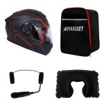 کلاه کاسکت ردلاین مدل ۹۳۷ رنگ ضربدری قرمز به همراه هندزفری بلوتوثی و کیف حمل و پد گردن مجموعه ۴ عددی