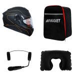 کلاه کاسکت ردلاین مدل ۹۳۷ رنگ مشکی نارنجی به همراه هندزفری بلوتوثی و کیف حمل و پد گردن مجموعه ۴ عددی