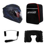 کلاه کاسکت ردلاین مدل ۹۳۷ طرح ضربدری آبی به همراه هندزفری بلوتوثی و کیف حمل و پد گردن مجموعه ۴ عددی