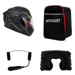 کلاه کاسکت ردلاین مدل ۹۳۷ طرح ضربدری زرد به همراه هندزفری بلوتوثی و کیف حمل و پد گردن مجموعه ۴ عددی