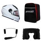 کلاه کاسکت ردلاین مدل ۹۳۹ رنگ سفید براق به همراه هندزفری بلوتوثی و کیف حمل و پد گردن مجموعه ۴ عددی