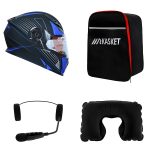 کلاه کاسکت ردلاین مدل ۹۳۹ رنگ مشکی ابی به همراه هندزفری بلوتوثی و کیف حمل و پد گردن مجموعه ۴ عددی