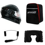 کلاه کاسکت ردلاین مدل ۹۳۹ رنگ مشکی براق به همراه هندزفری بلوتوثی و کیف حمل و پد گردن مجموعه ۴ عددی