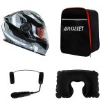 کلاه کاسکت ردلاین مدل ۹۳۹ رنگ مشکی طوسی براق به همراه هندزفری بلوتوثی و کیف حمل و پد گردن مجموعه ۴ عددی