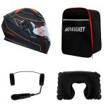 کلاه کاسکت ردلاین مدل ۹۳۹ طرح ضربدری نارنجی به همراه هندزفری بلوتوثی و کیف حمل و پد گردن مجموعه ۴ عددی