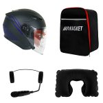 کلاه کاسکت ردلاین مدل ۹۵۶ طرح مشکی آبی به همراه هندزفری بلوتوثی و کیف حمل و پد گردن مجموعه ۴ عددی