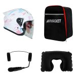 کلاه کاسکت ردلاین مدل ۹۶۶ طرح سفید صورتی به همراه هندزفری بلوتوثی و کیف حمل و پد گردن مجموعه ۴ عددی