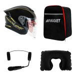 کلاه کاسکت ردلاین مدل ۹۶۶ طرح مشکی طلایی به همراه هندزفری بلوتوثی و کیف حمل و پد گردن مجموعه ۴ عددی